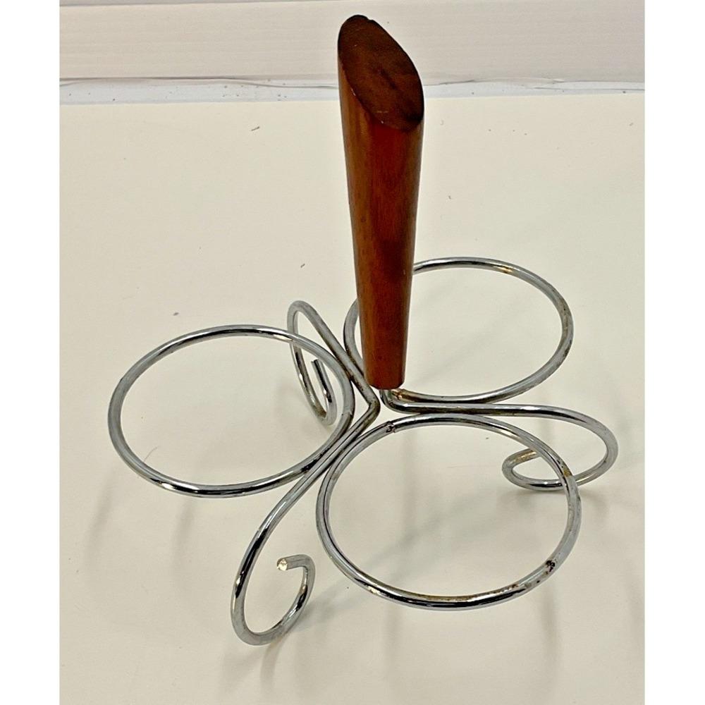 Vintage Mid-Century Chrome &‎ Wood 3-Ring Condiment Caddy